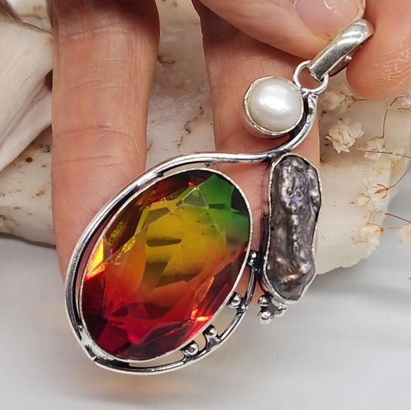 Red/Green Ametrin black Tahitian Pearl Stone Silver 925 Pendant - Picture 2 of 10